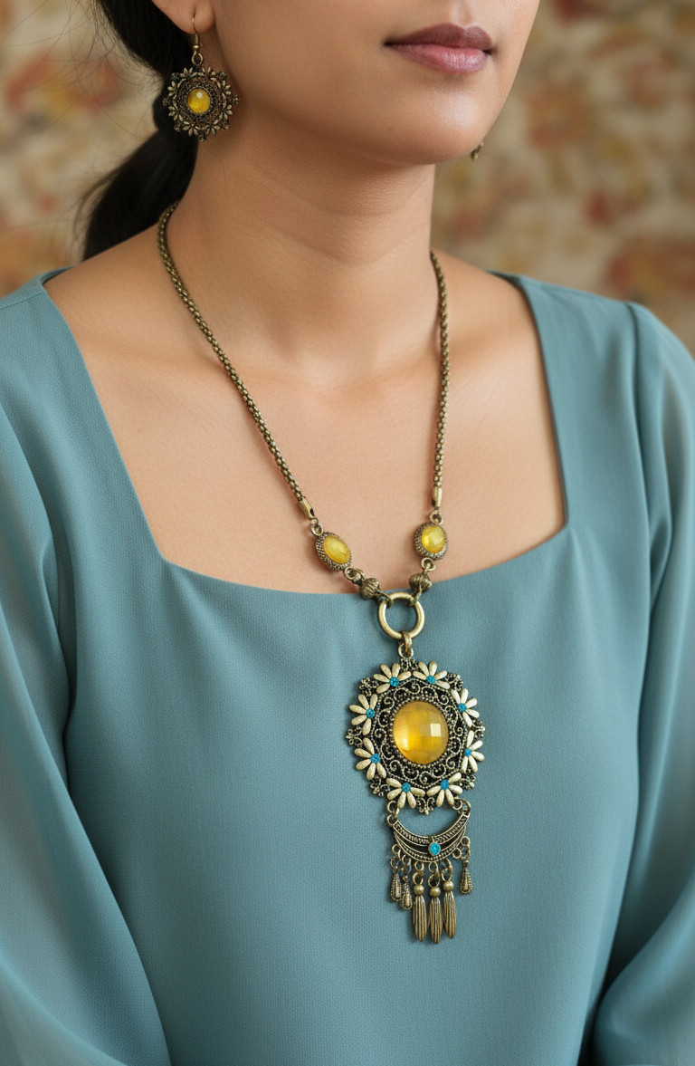 Classic Vintage Gold Toned Bohemian Necklace With Earring