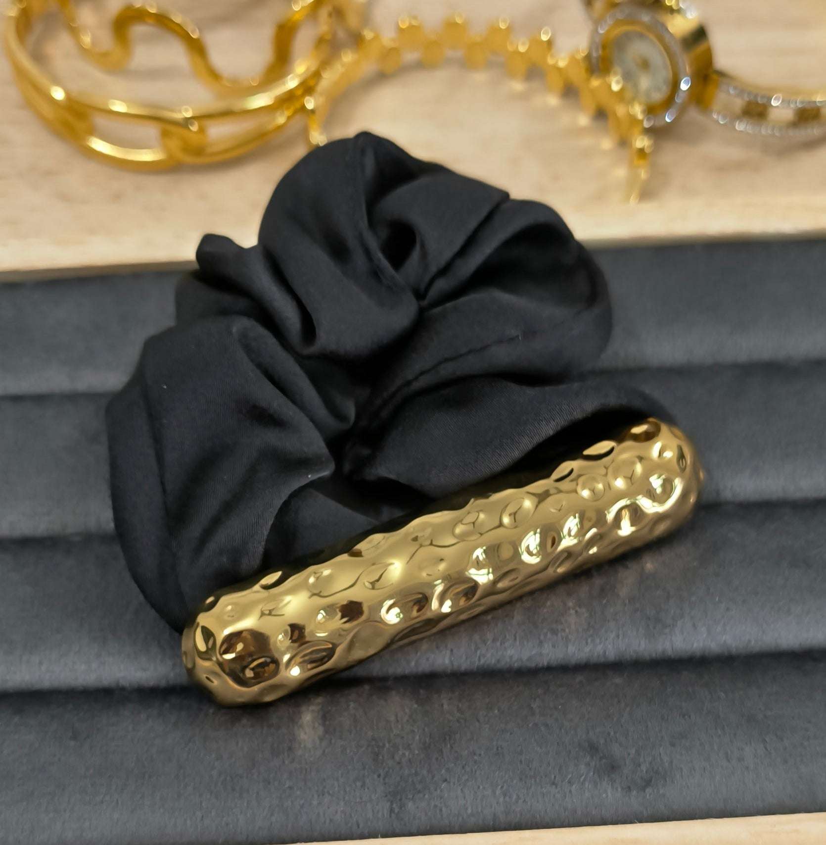 Clip Style Satin Scrunchie Metal Cuff Hair Band 18K Gold Plated