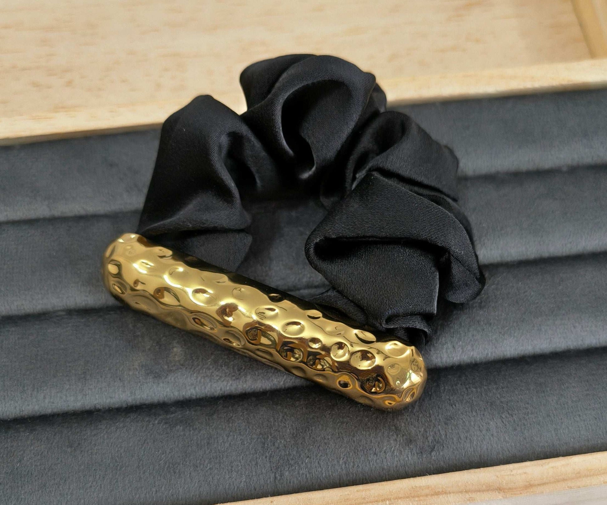 Clip Style Satin Scrunchie Metal Cuff Hair Band 18K Gold Plated