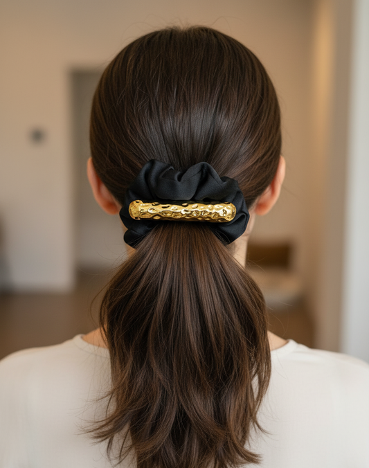 Clip Style Satin Scrunchie Metal Cuff Hair Band 18K Gold Plated