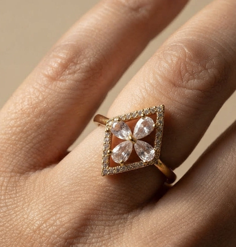 Clover Style Stone Studded Antitarnish Ring