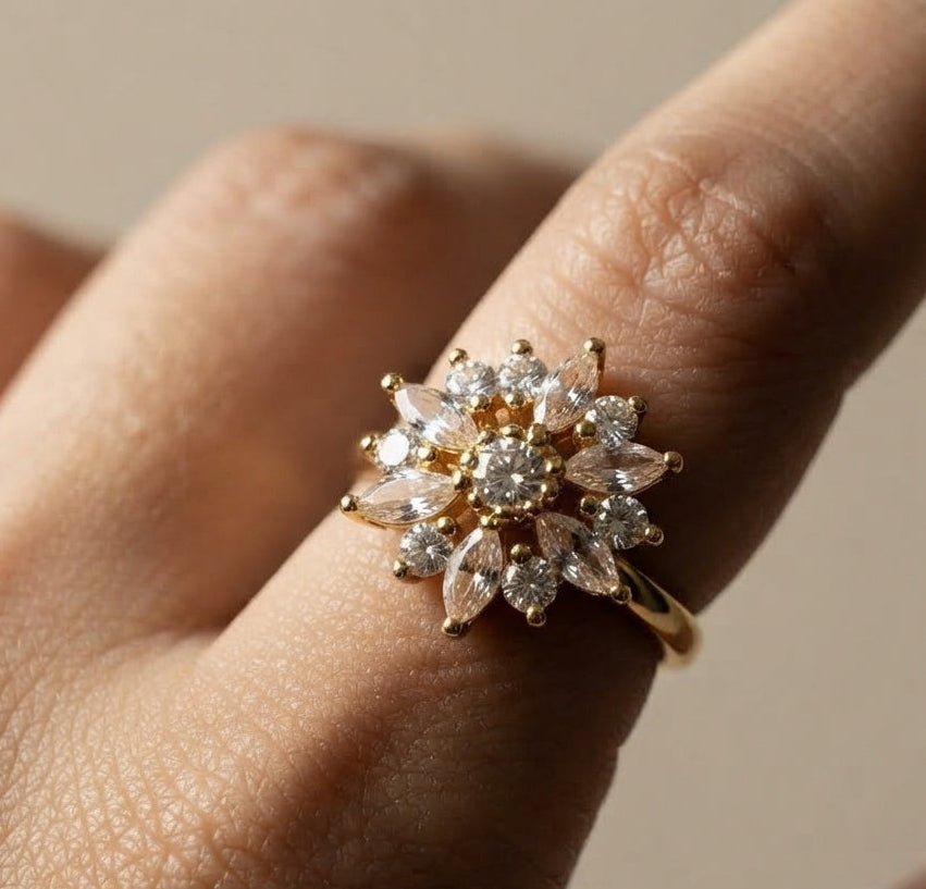 Crystal Flower Shape Antitarnish 18K Gold Plated Ring
