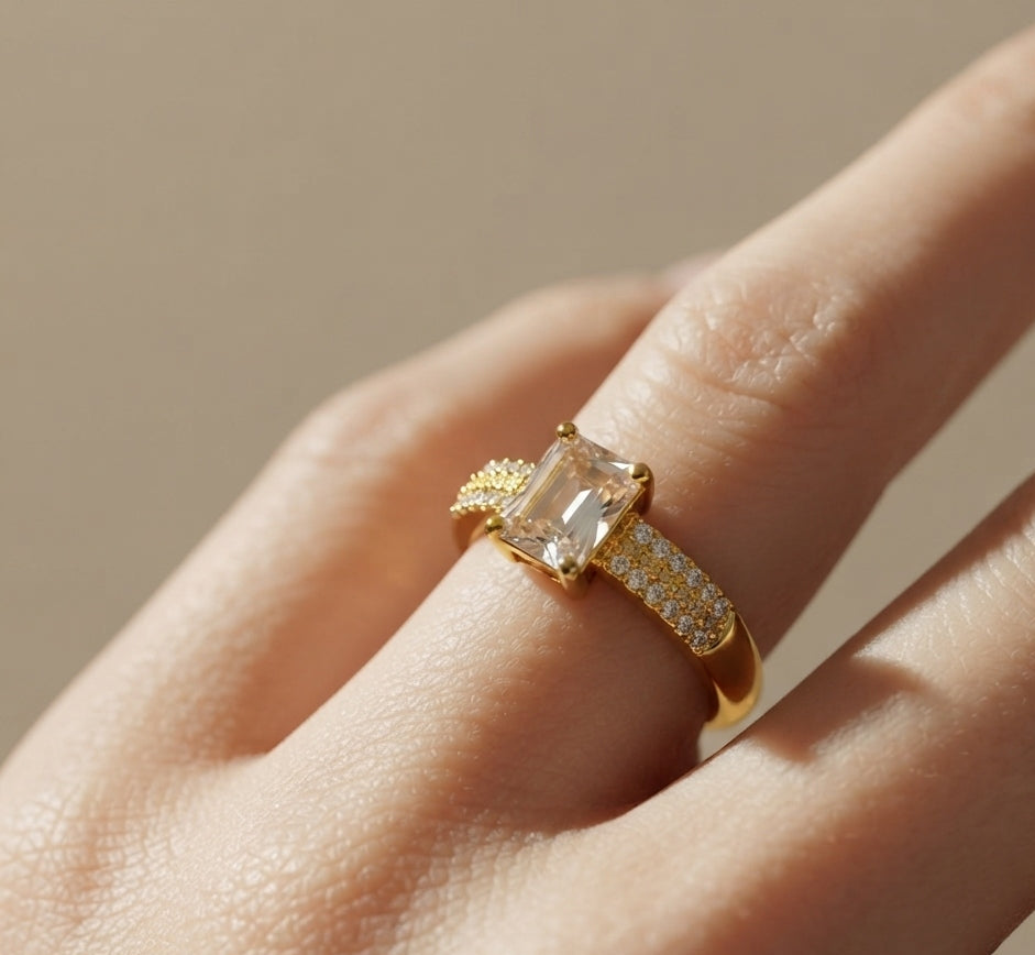 Cushion Cut Dainty Diamond Adjustable 18K Gold Plated Ring