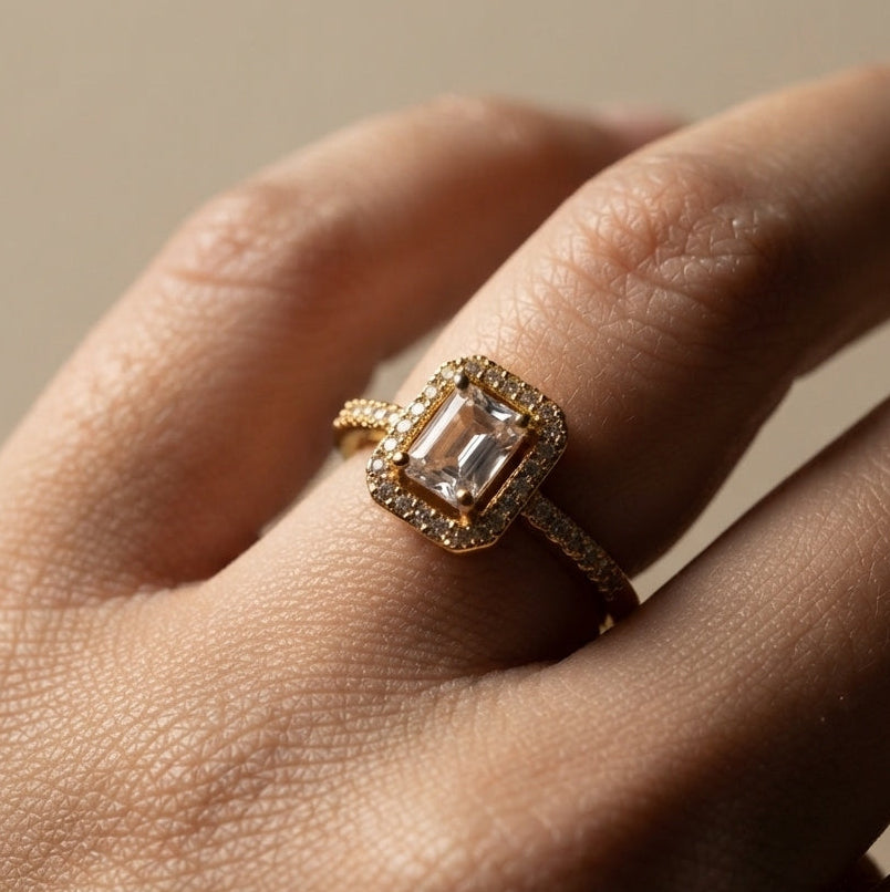 Cushion Cut Dainty Diamond Adjustable 18K Gold Plated Ring