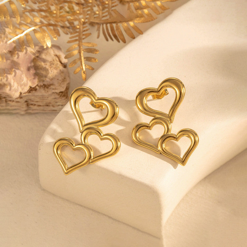 Antitarnish Triple Heart Stud Earrings 18K Gold Plated