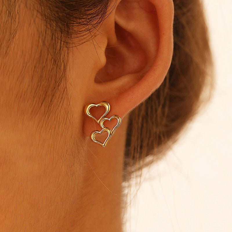 Antitarnish Triple Heart Stud Earrings 18K Gold Plated