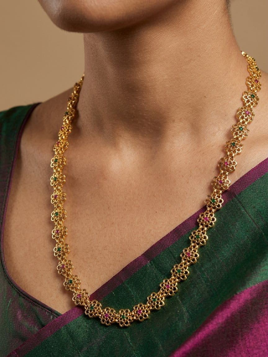 DailyWear Gold Plated Long Necklace Set With Flower Motifs