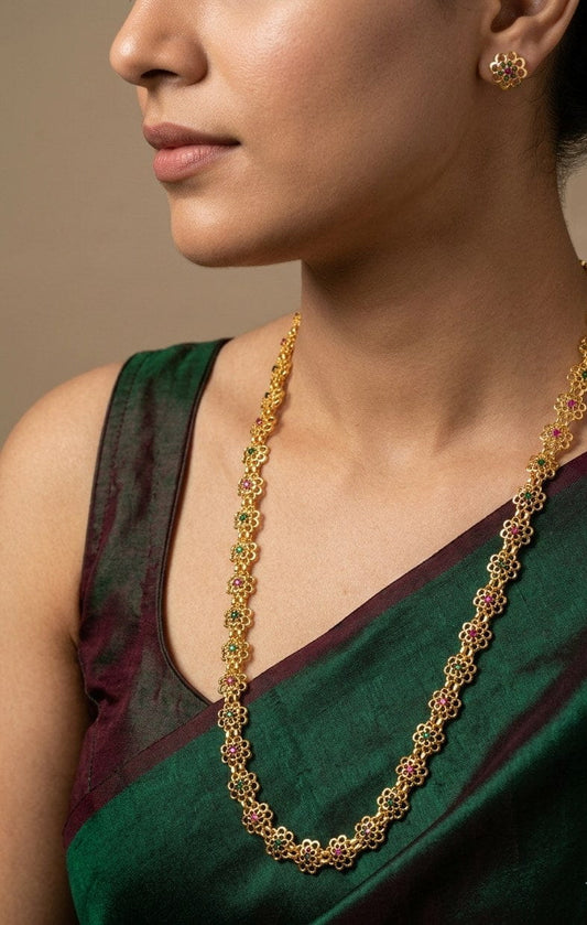 DailyWear Gold Plated Long Necklace Set With Flower Motifs