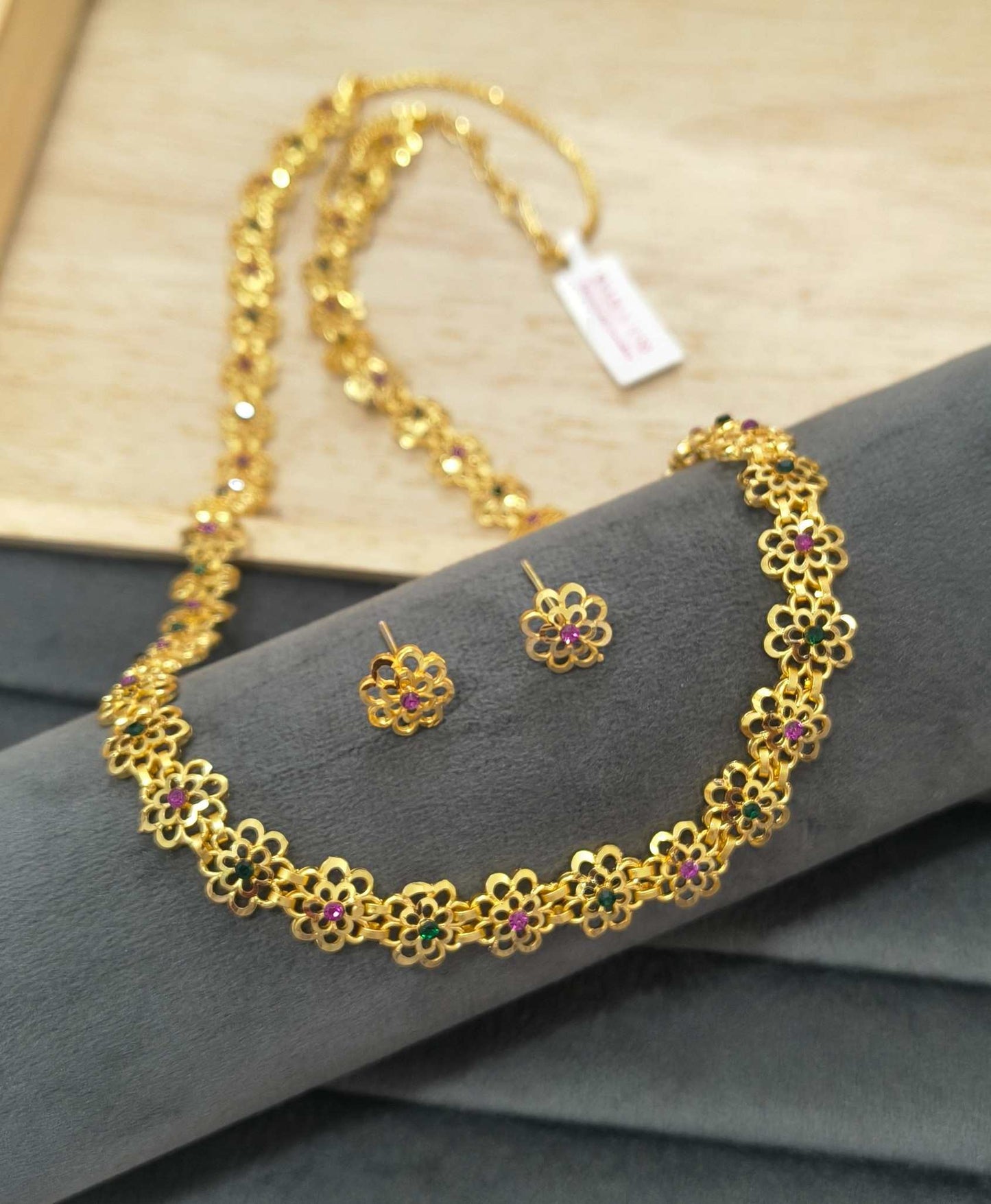 DailyWear Gold Plated Long Necklace Set With Flower Motifs