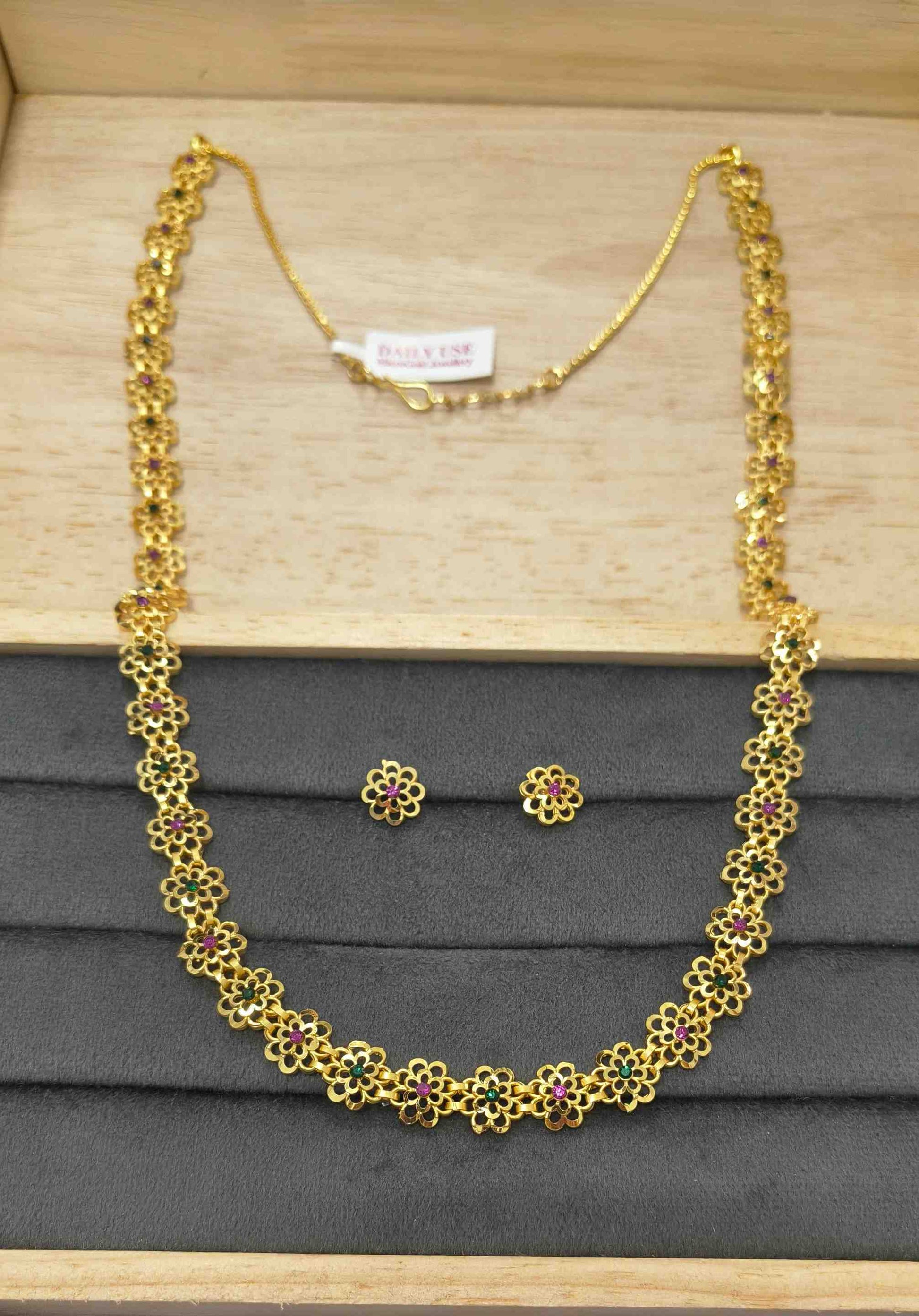 DailyWear Gold Plated Long Necklace Set With Flower Motifs