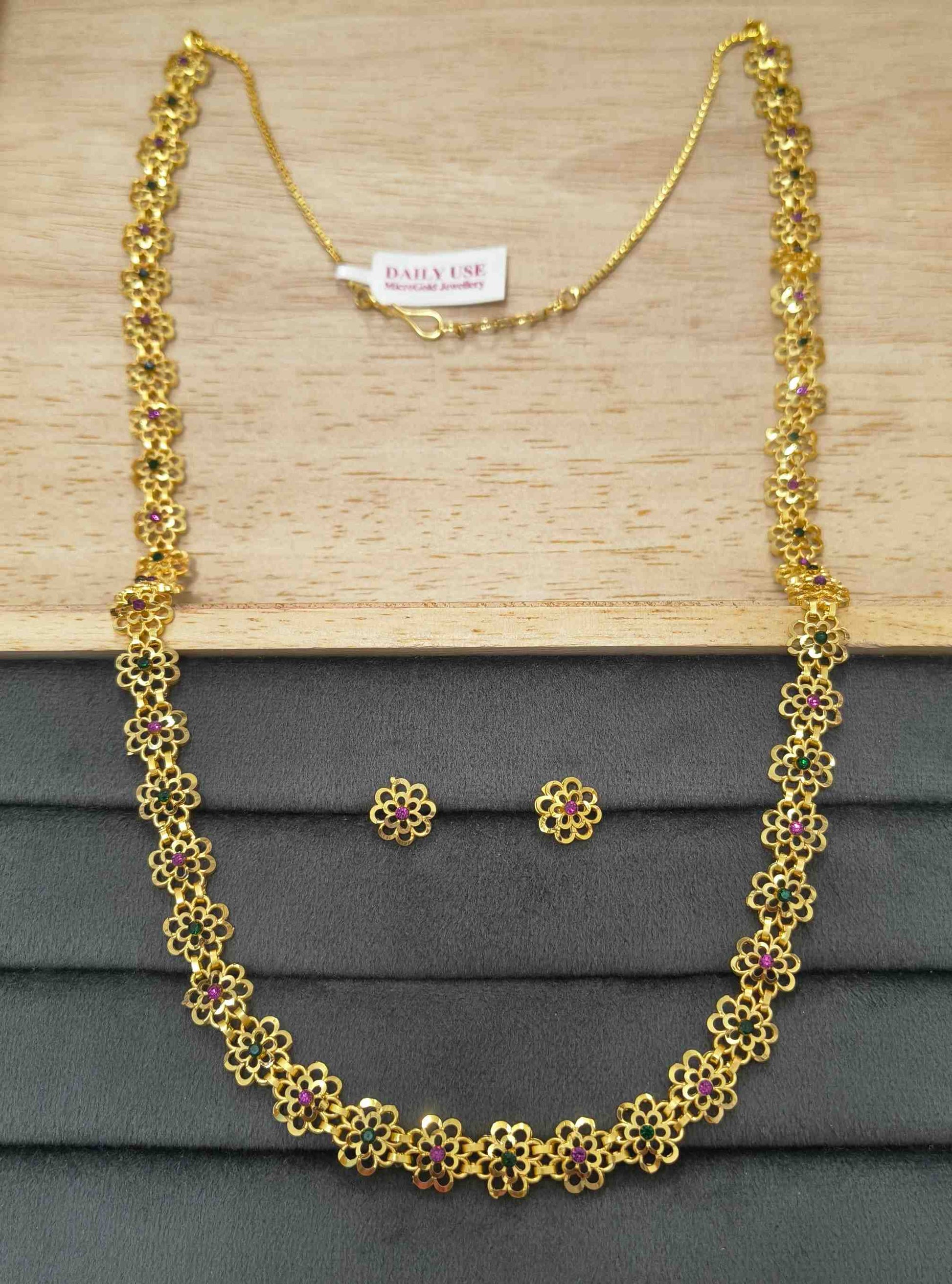 DailyWear Gold Plated Long Necklace Set With Flower Motifs