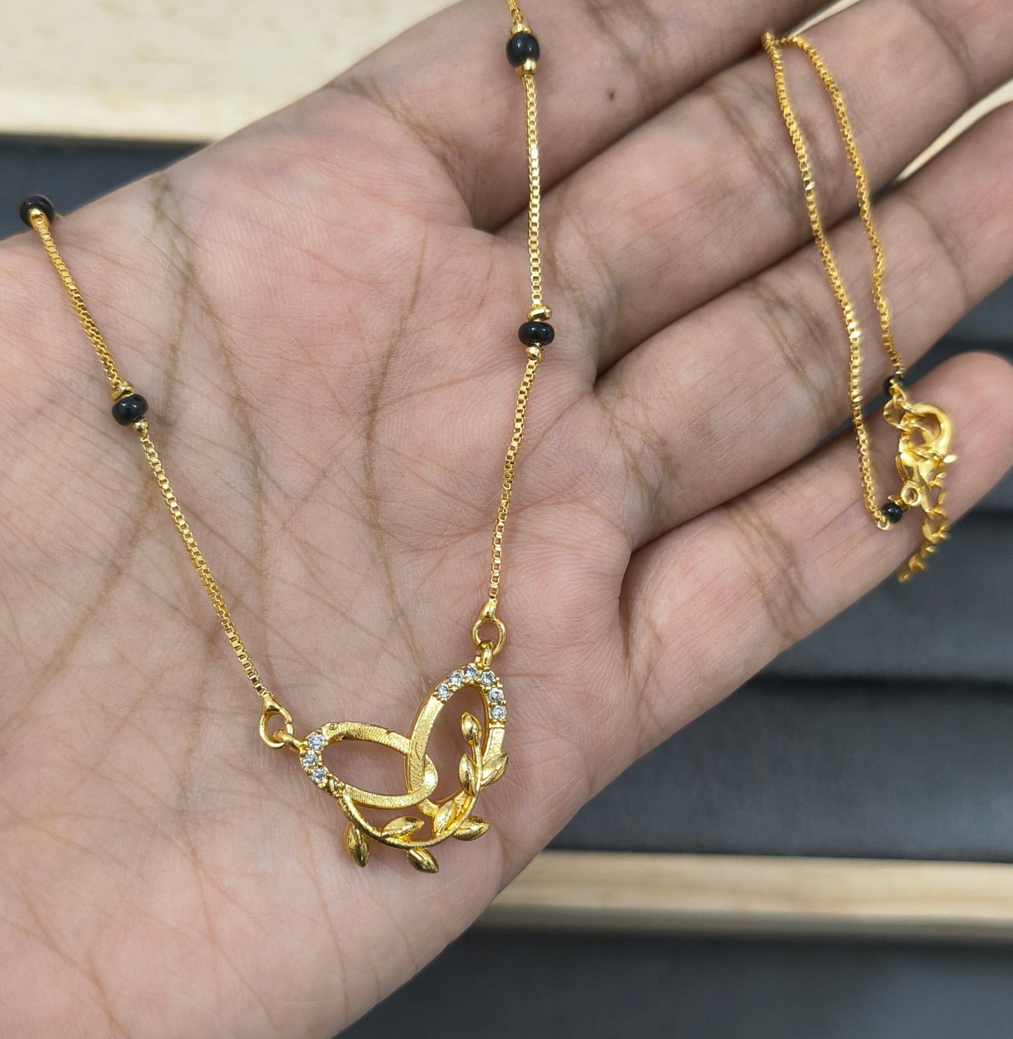 Daily Wear Black Beaded AD Hollow Heart Pendant Mangalsutra