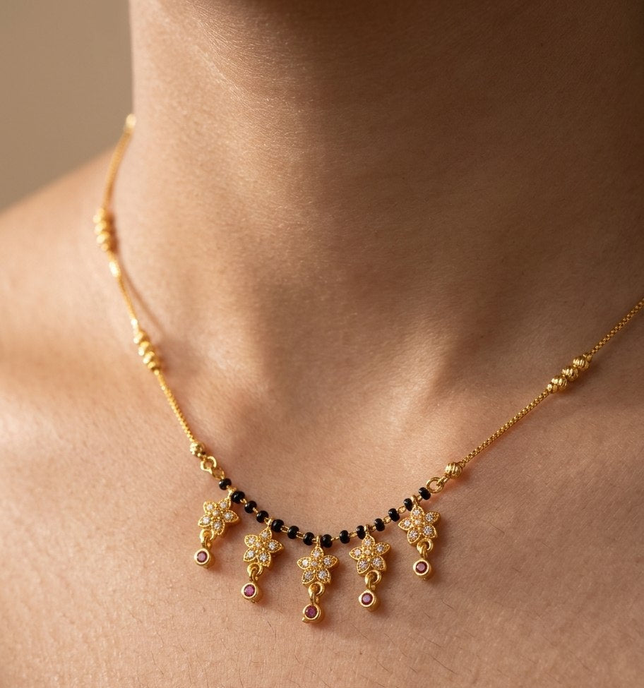 Daily Wear Black Beaded CZ Diamond Floral Charm Mangalsutra