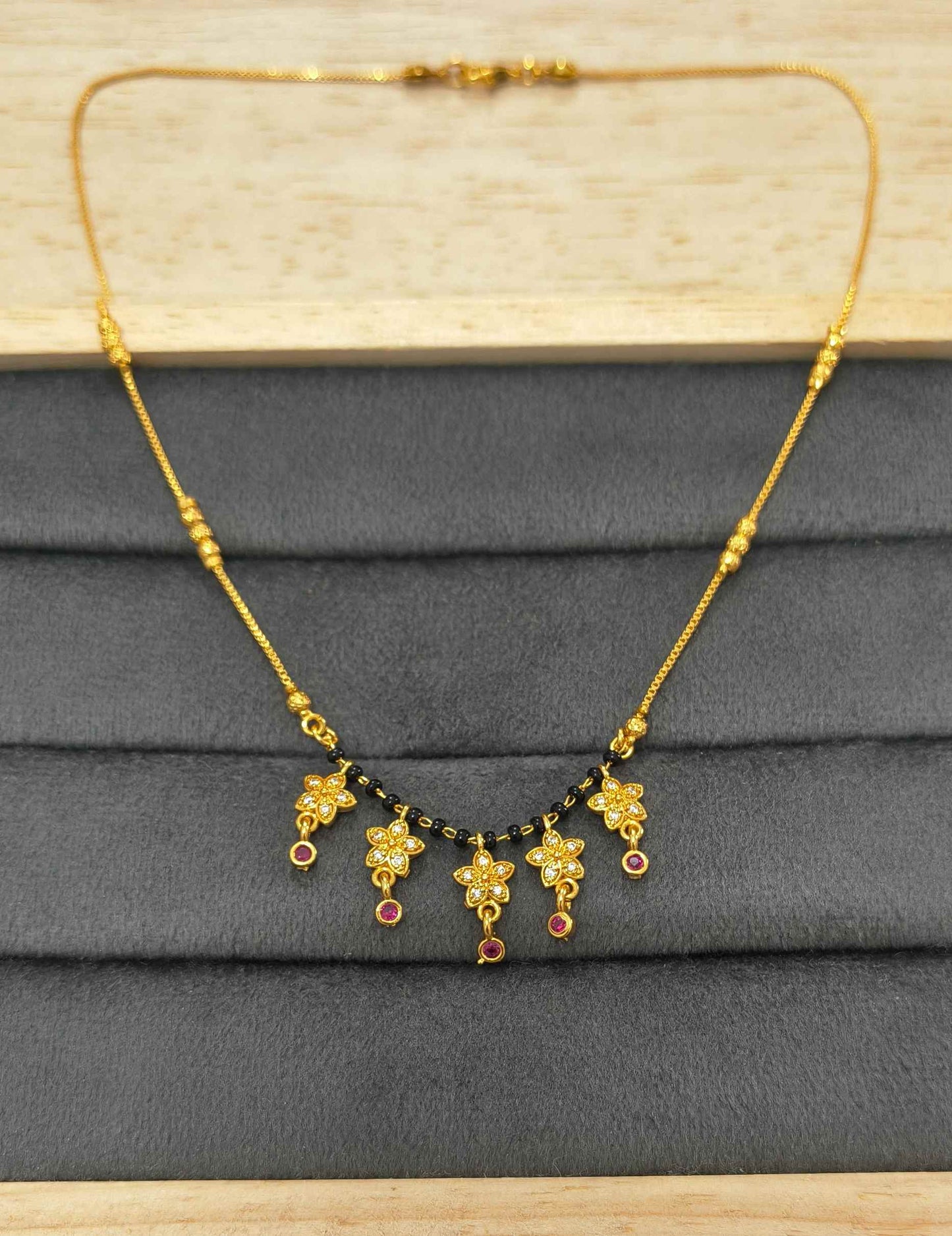 Daily Wear Black Beaded CZ Diamond Floral Charm Mangalsutra