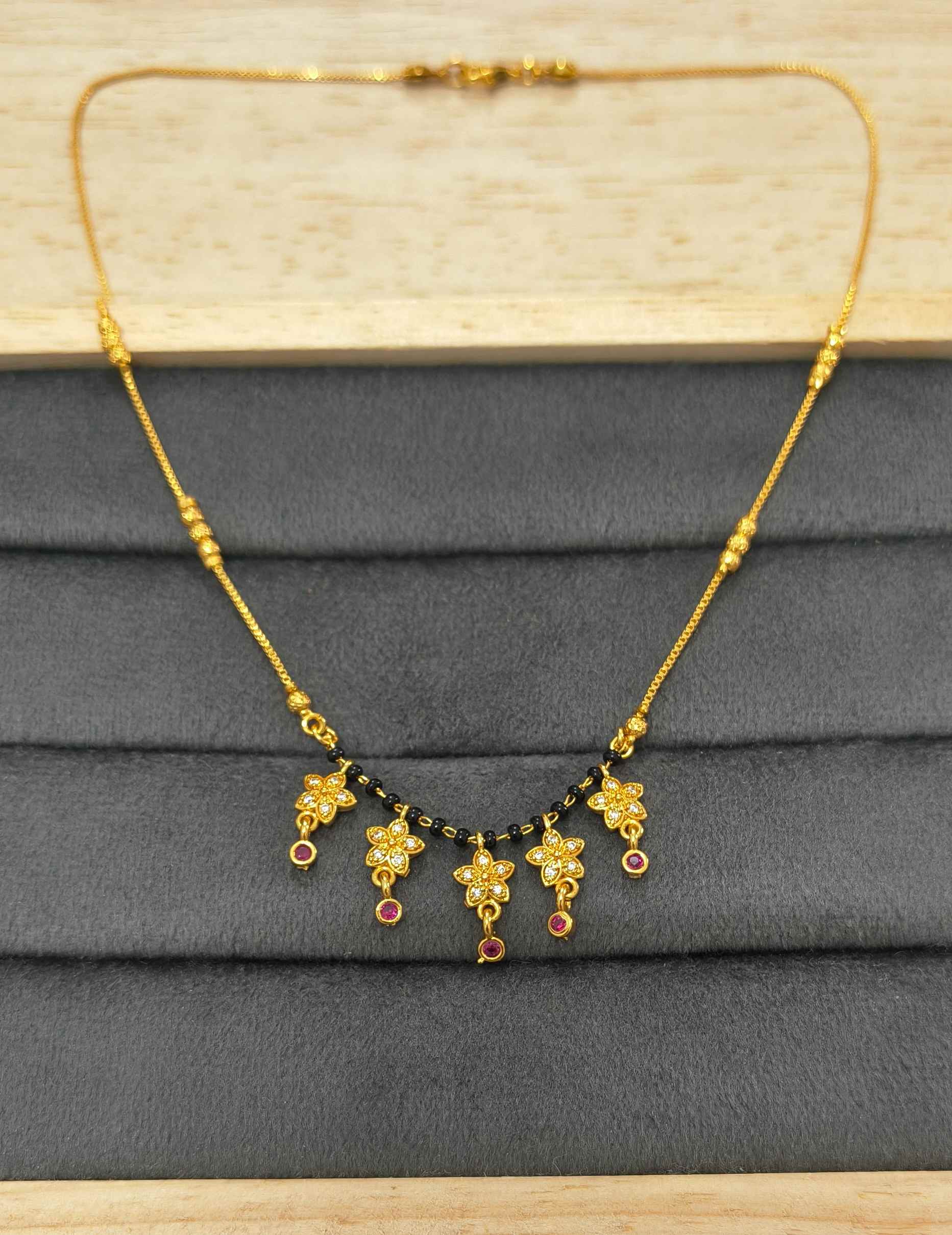 Daily Wear Black Beaded CZ Diamond Floral Charm Mangalsutra
