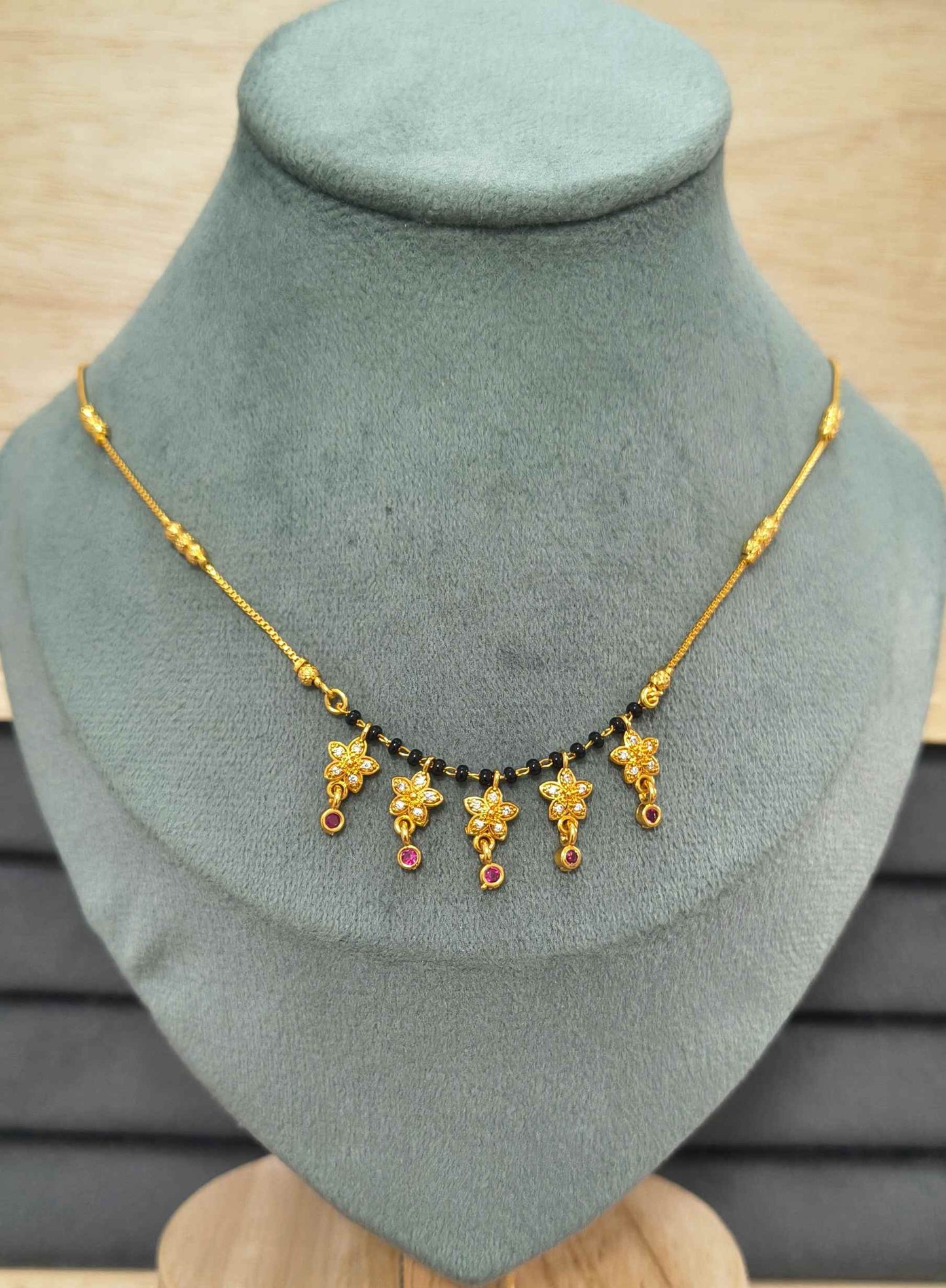 Daily Wear Black Beaded CZ Diamond Floral Charm Mangalsutra