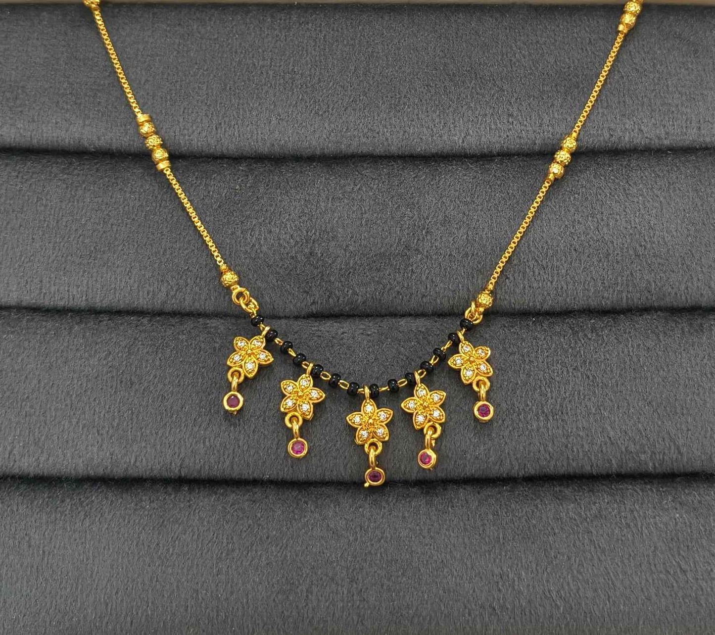Daily Wear Black Beaded CZ Diamond Floral Charm Mangalsutra