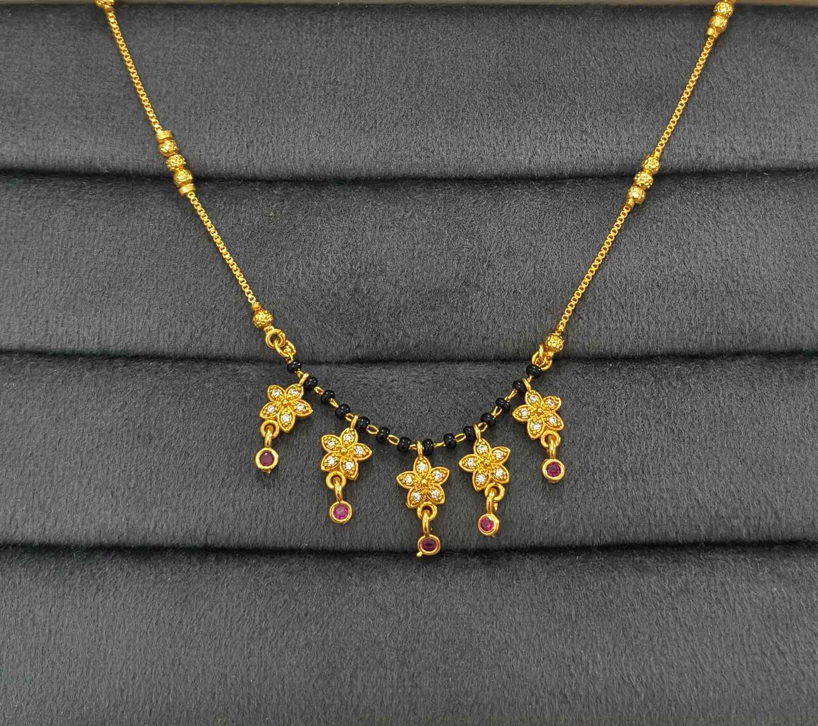 Daily Wear Black Beaded CZ Diamond Floral Charm Mangalsutra
