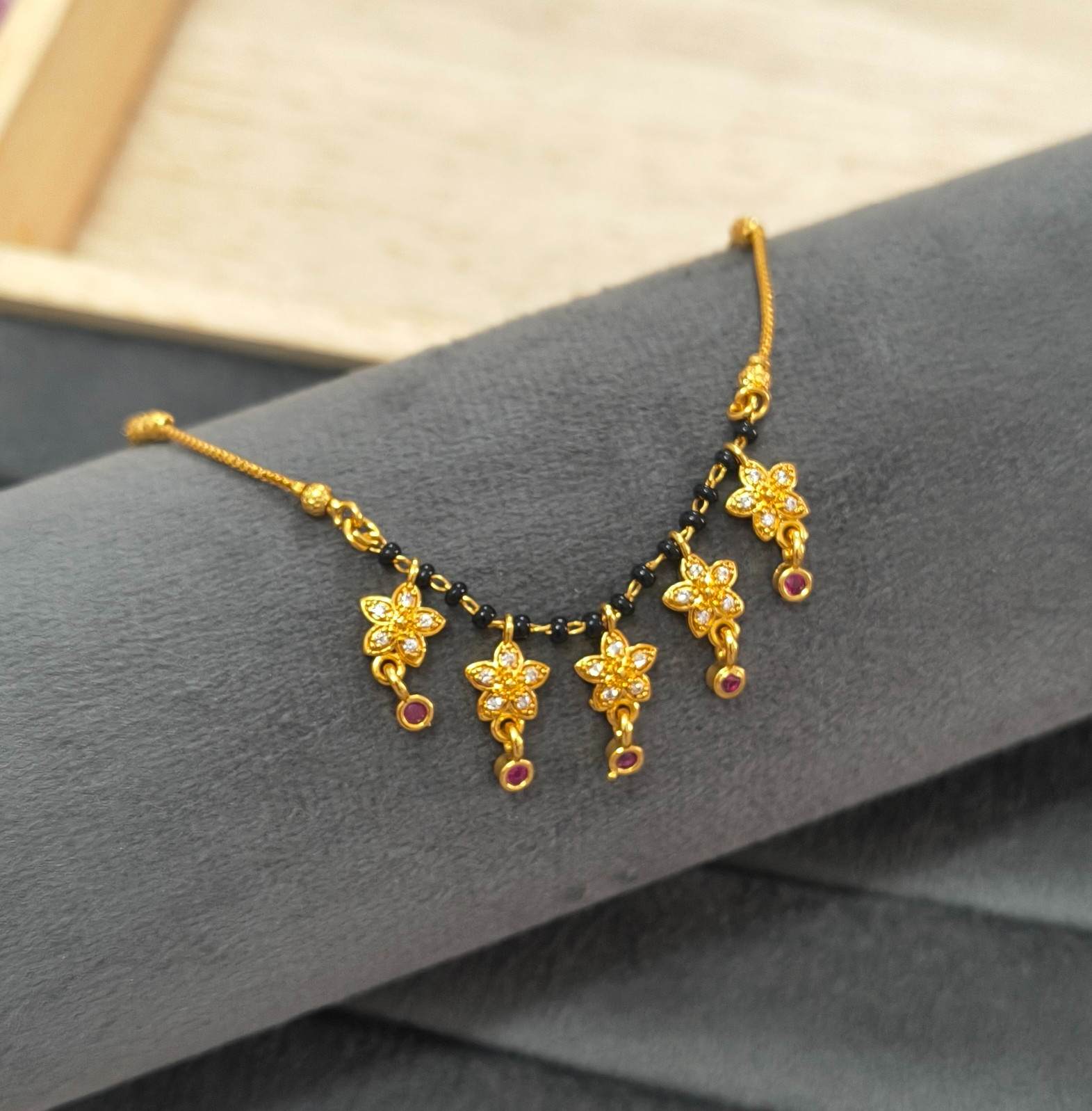 Daily Wear Black Beaded CZ Diamond Floral Charm Mangalsutra