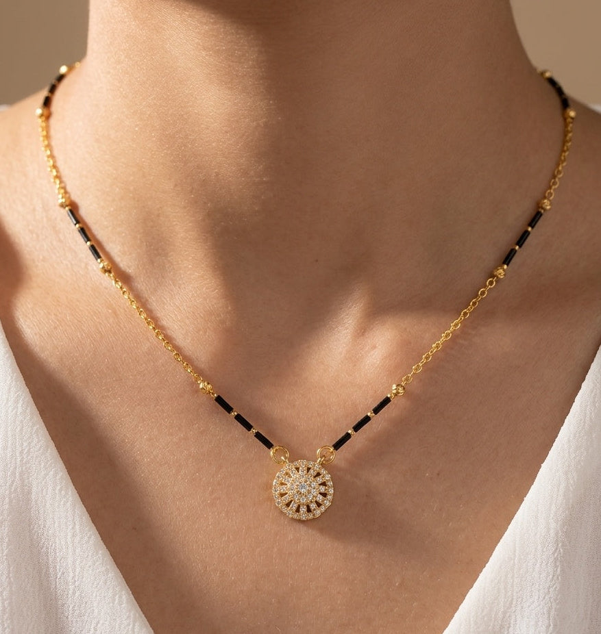 Daily Wear Black Beaded Diamond Round Pendant Mangalsutra