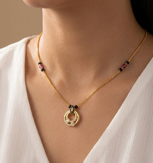 Daily Wear Black Beaded Double Circle Pendant Mangalsutra