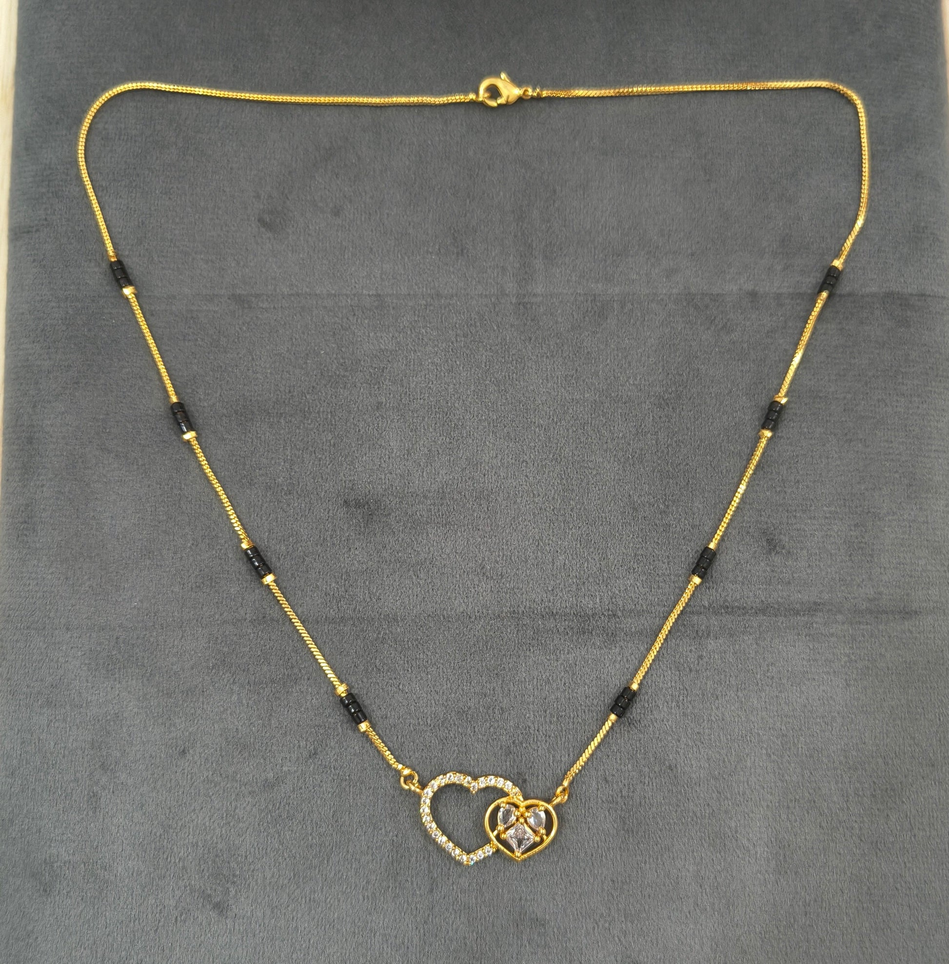Daily Wear Black Beaded Dual Diamond Heart Pendant Mangalsutra