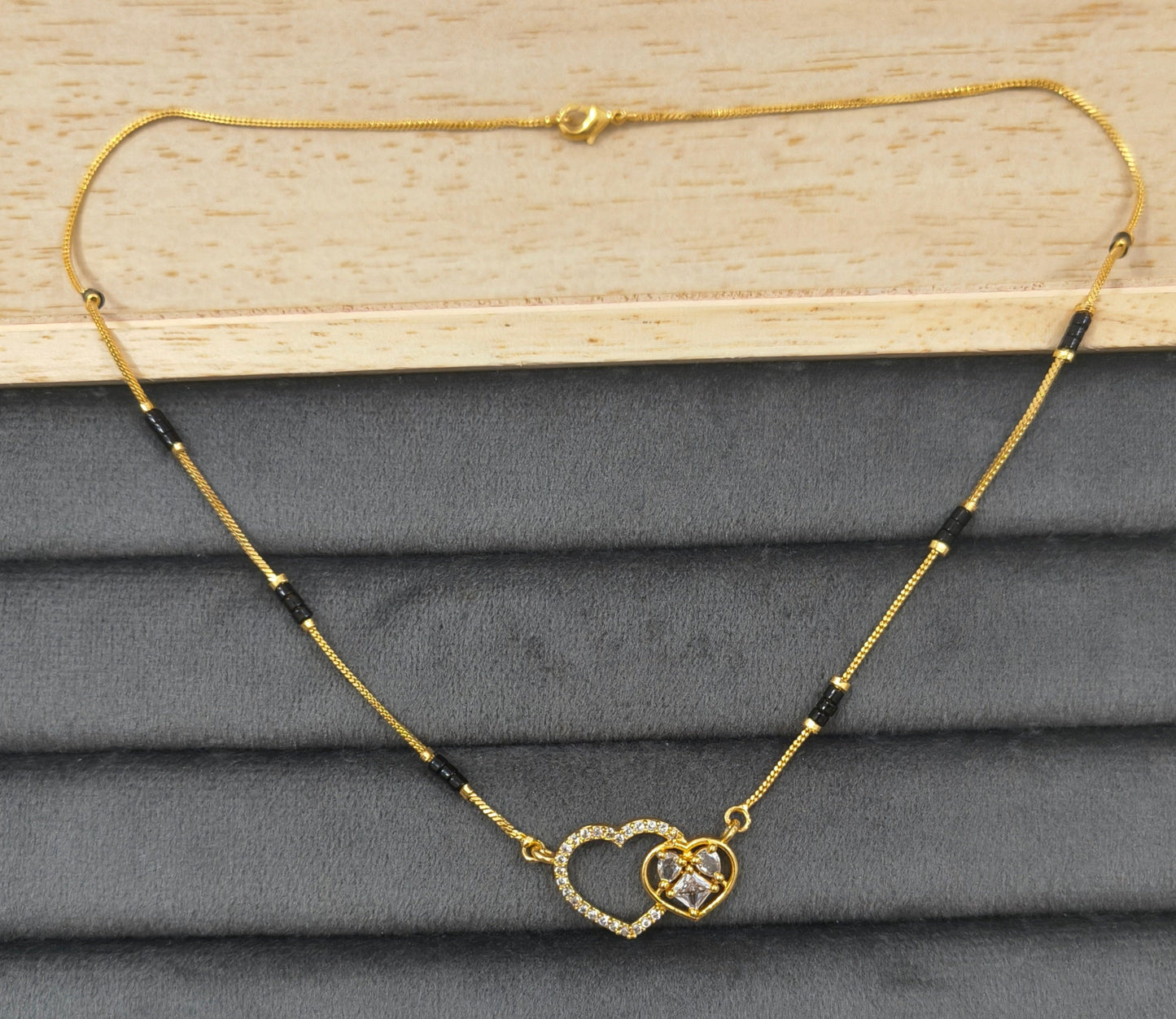 Daily Wear Black Beaded Dual Diamond Heart Pendant Mangalsutra