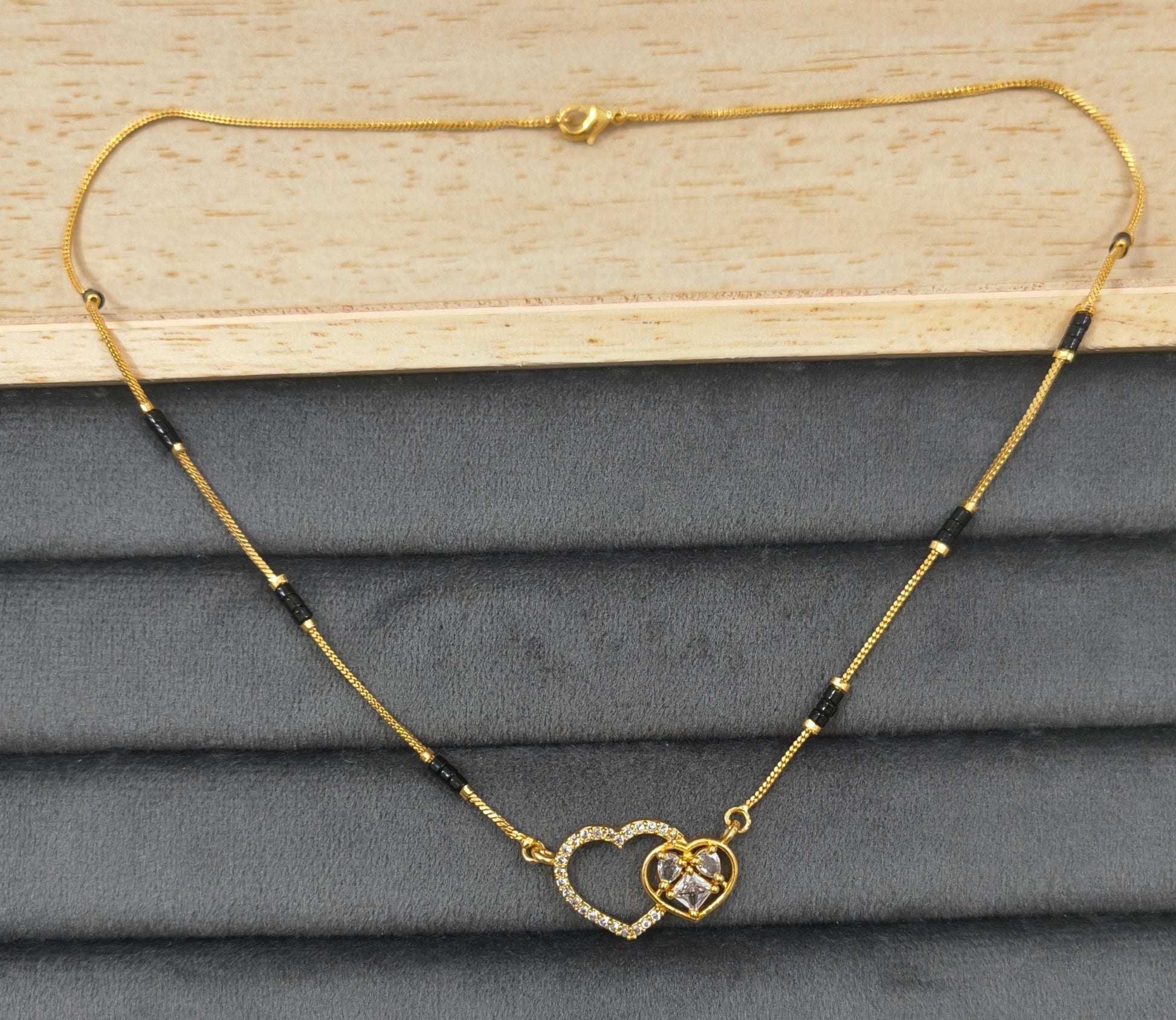 Daily Wear Black Beaded Dual Diamond Heart Pendant Mangalsutra