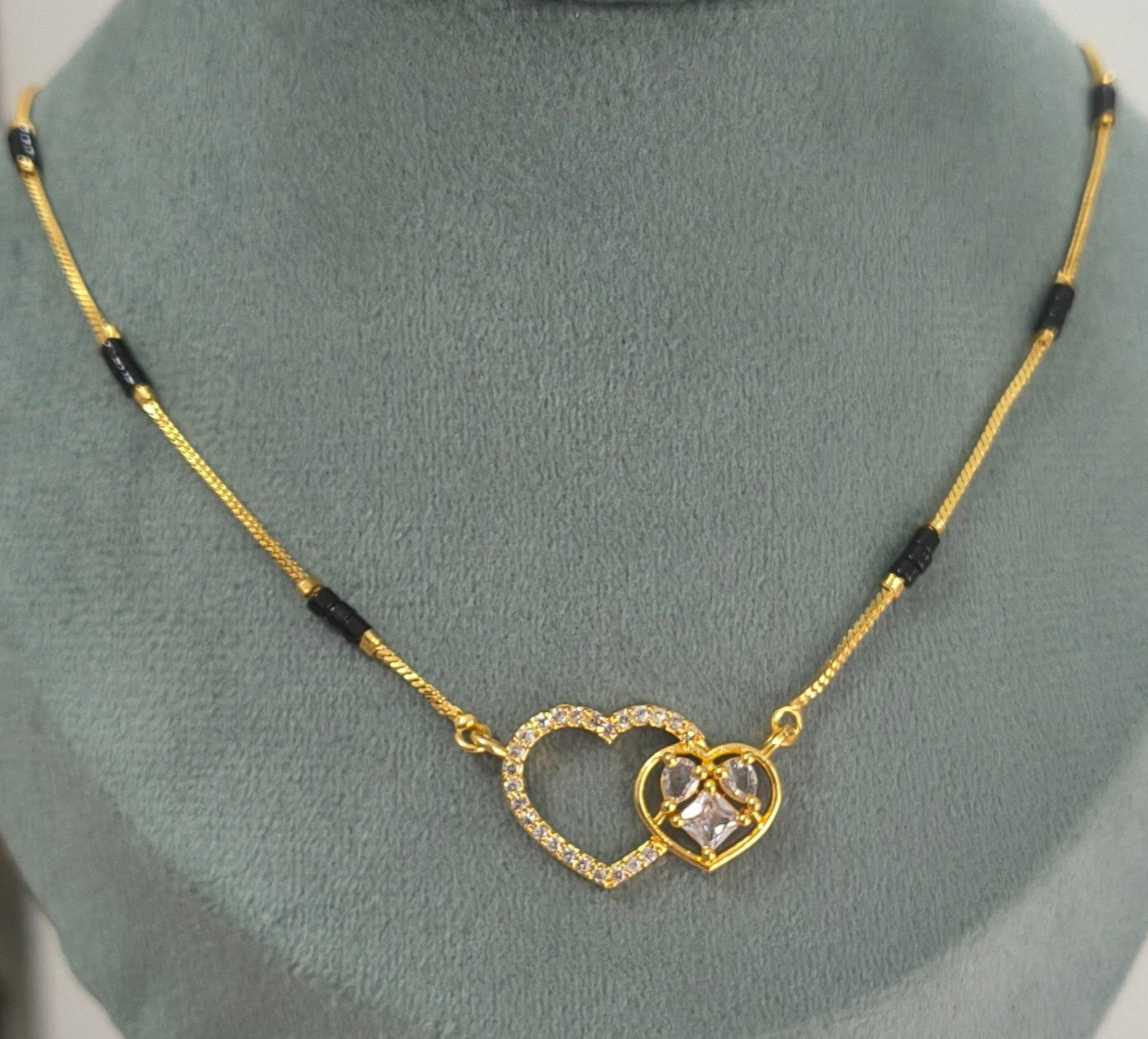 Daily Wear Black Beaded Dual Diamond Heart Pendant Mangalsutra