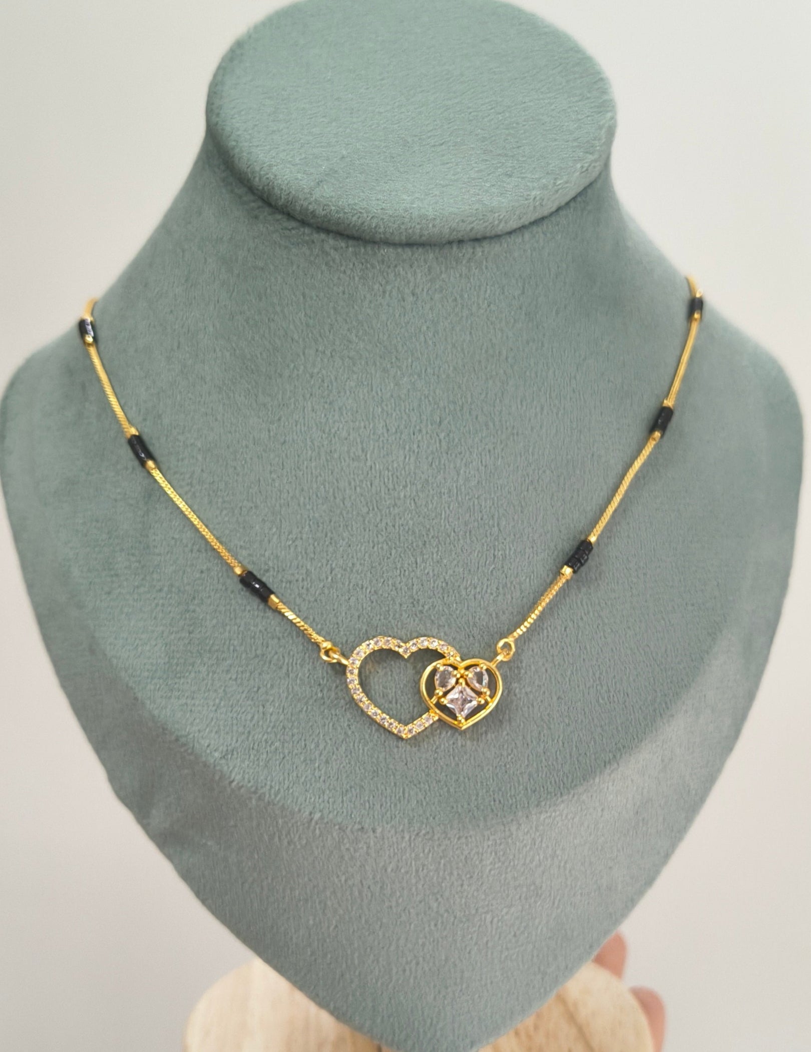 Daily Wear Black Beaded Dual Diamond Heart Pendant Mangalsutra