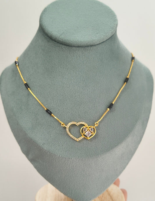 Daily Wear Black Beaded Dual Diamond Heart Pendant Mangalsutra