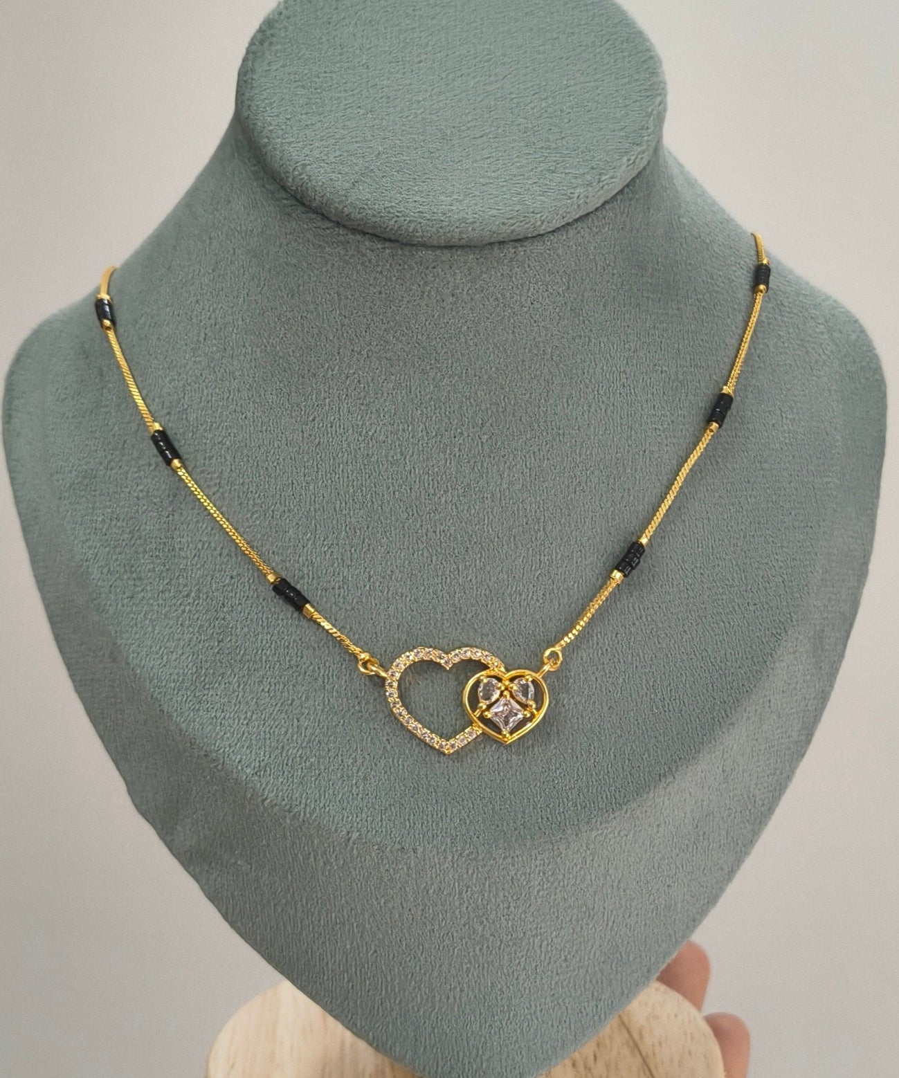 Daily Wear Black Beaded Dual Diamond Heart Pendant Mangalsutra