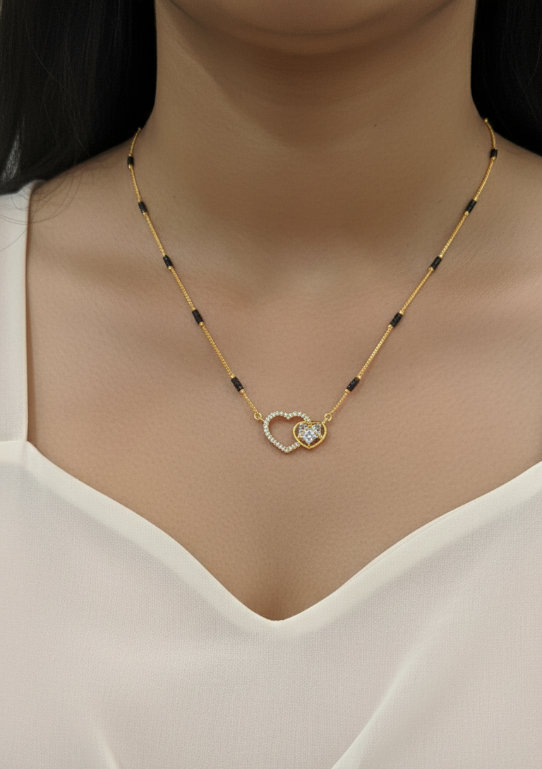 Daily Wear Black Beaded Dual Diamond Heart Pendant Mangalsutra