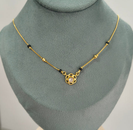 Daily Wear Black Beaded Floral Solitaire Pendant Mangalsutra