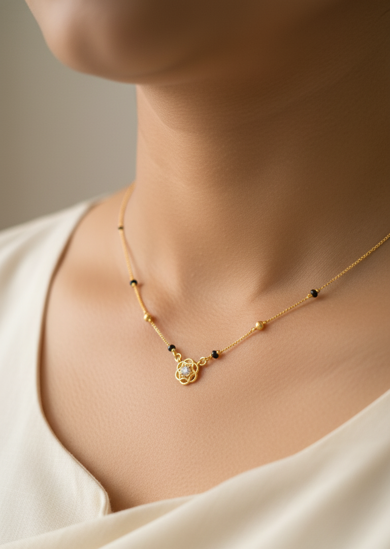 Daily Wear Black Beaded Floral Solitaire Pendant Mangalsutra