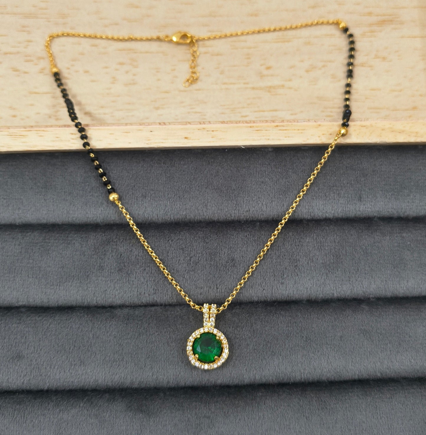 Daily Wear Black Beaded Green Stone Pendant Mangalsutra
