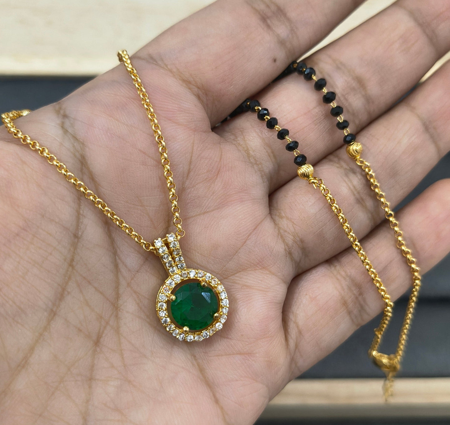 Daily Wear Black Beaded Green Stone Pendant Mangalsutra