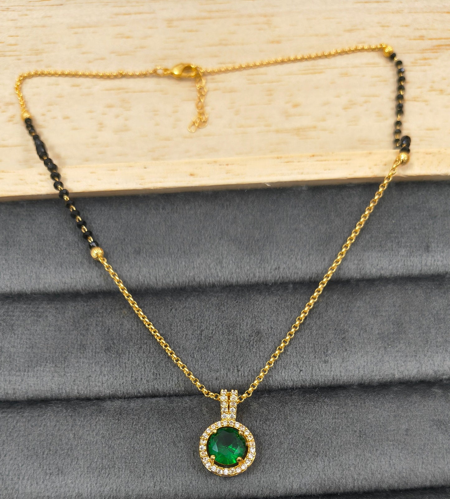 Daily Wear Black Beaded Green Stone Pendant Mangalsutra