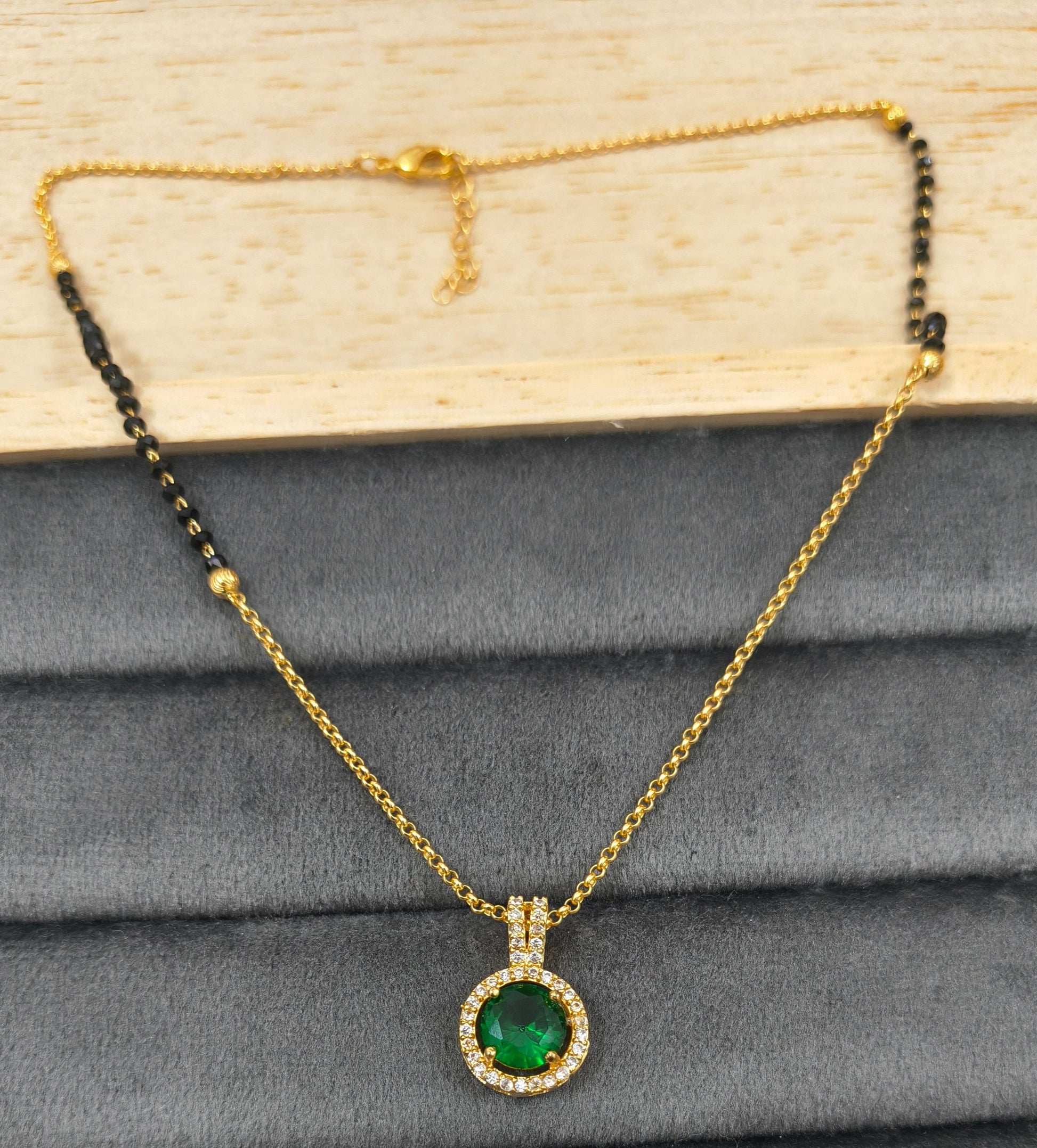 Daily Wear Black Beaded Green Stone Pendant Mangalsutra