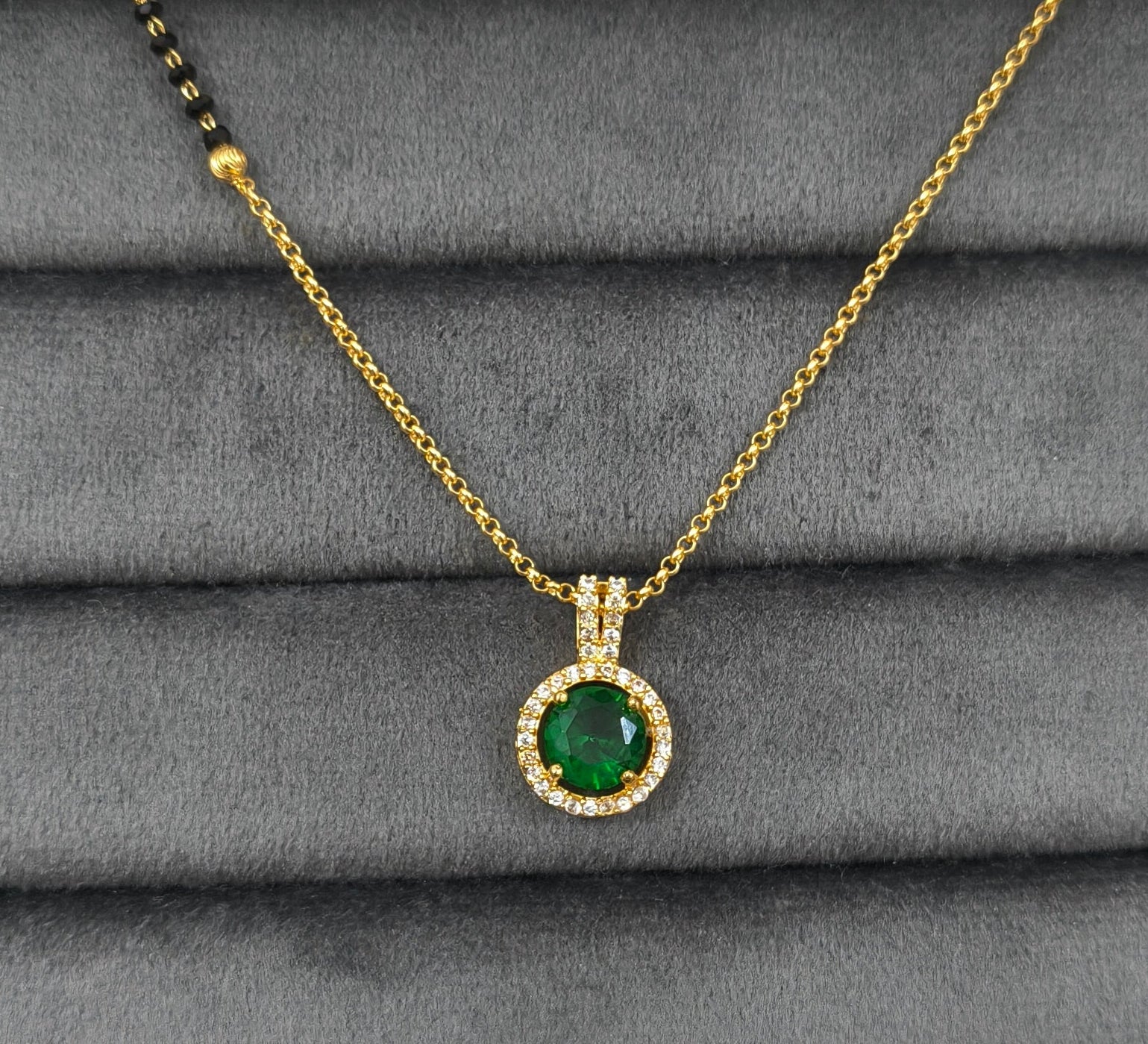 Daily Wear Black Beaded Green Stone Pendant Mangalsutra
