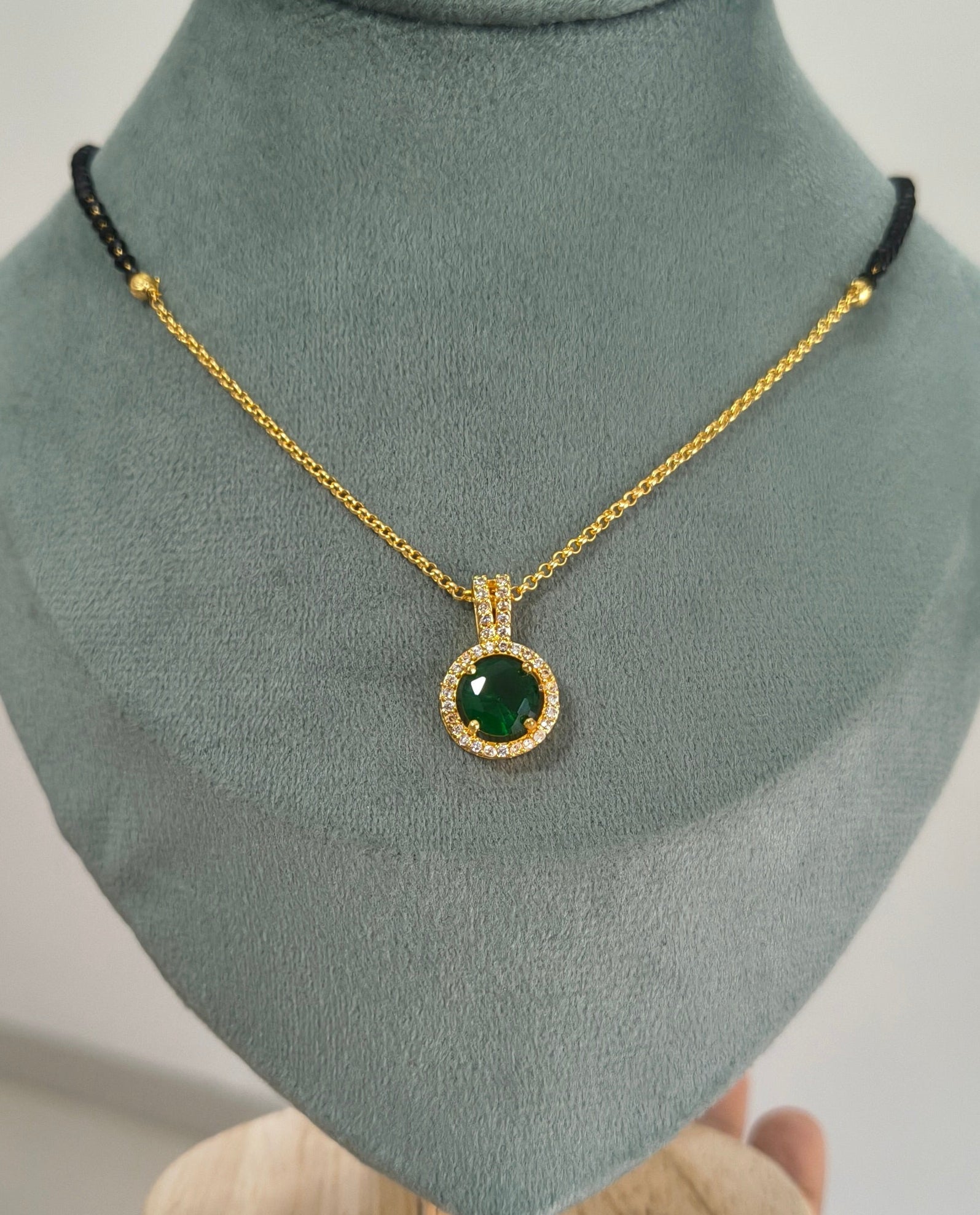 Daily Wear Black Beaded Green Stone Pendant Mangalsutra