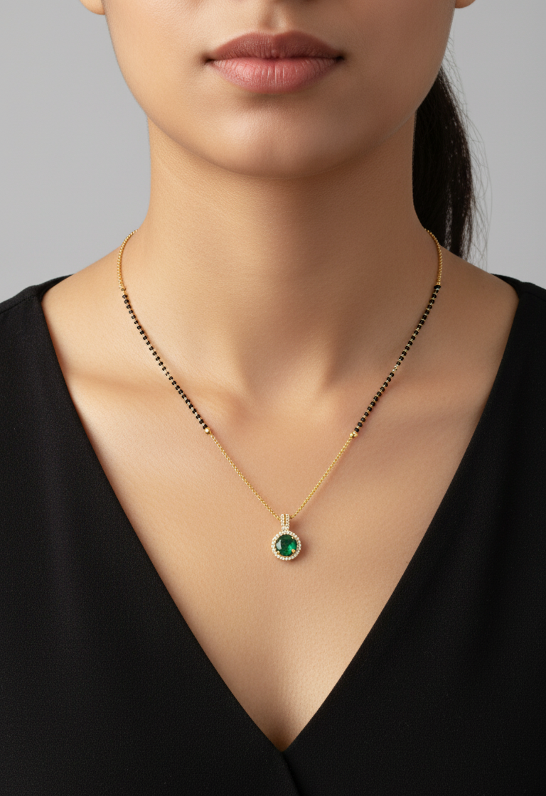 Daily Wear Black Beaded Green Stone Pendant Mangalsutra