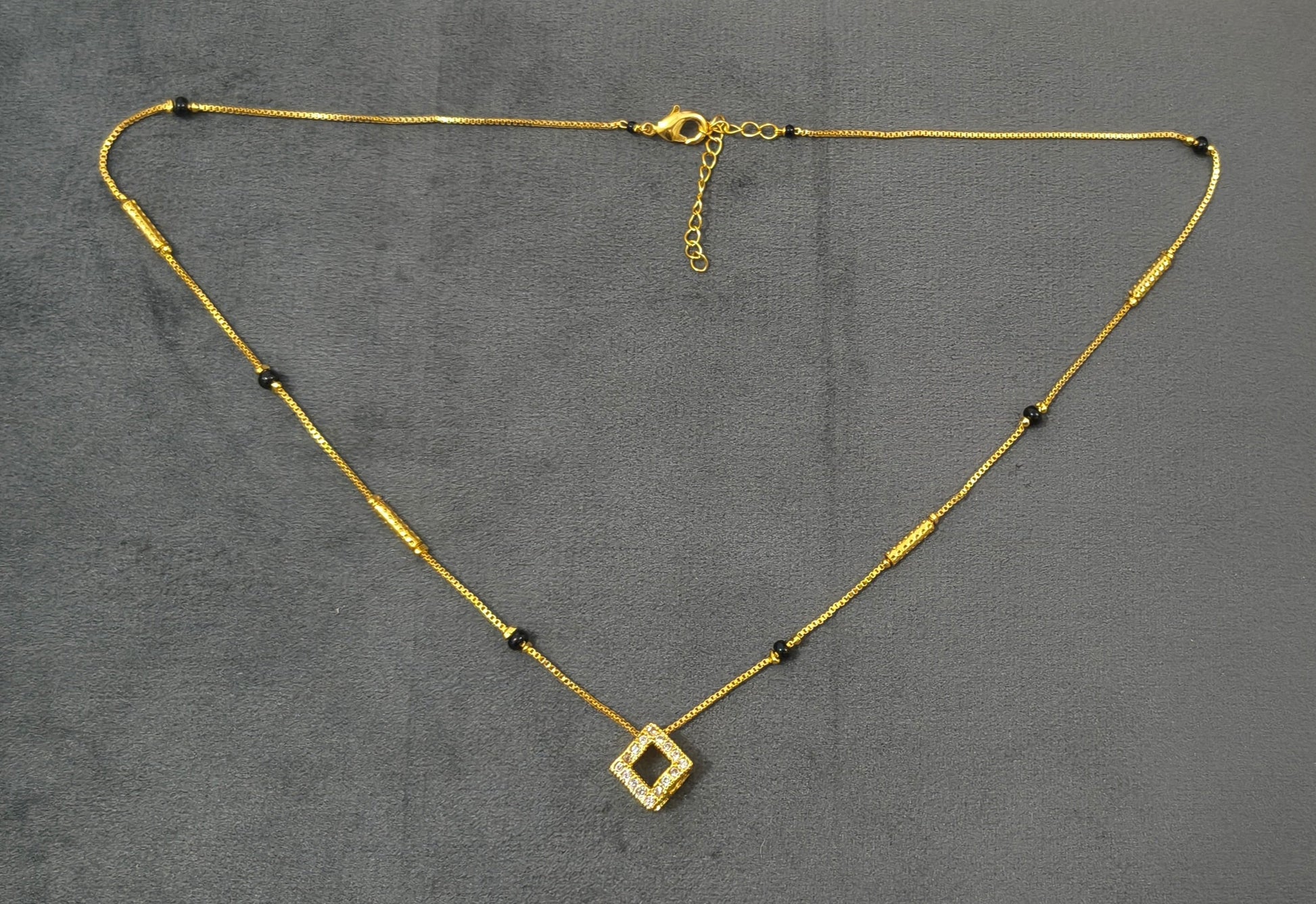 Daily Wear Black Beaded Hollow Square AD Pendant Mangalsutra
