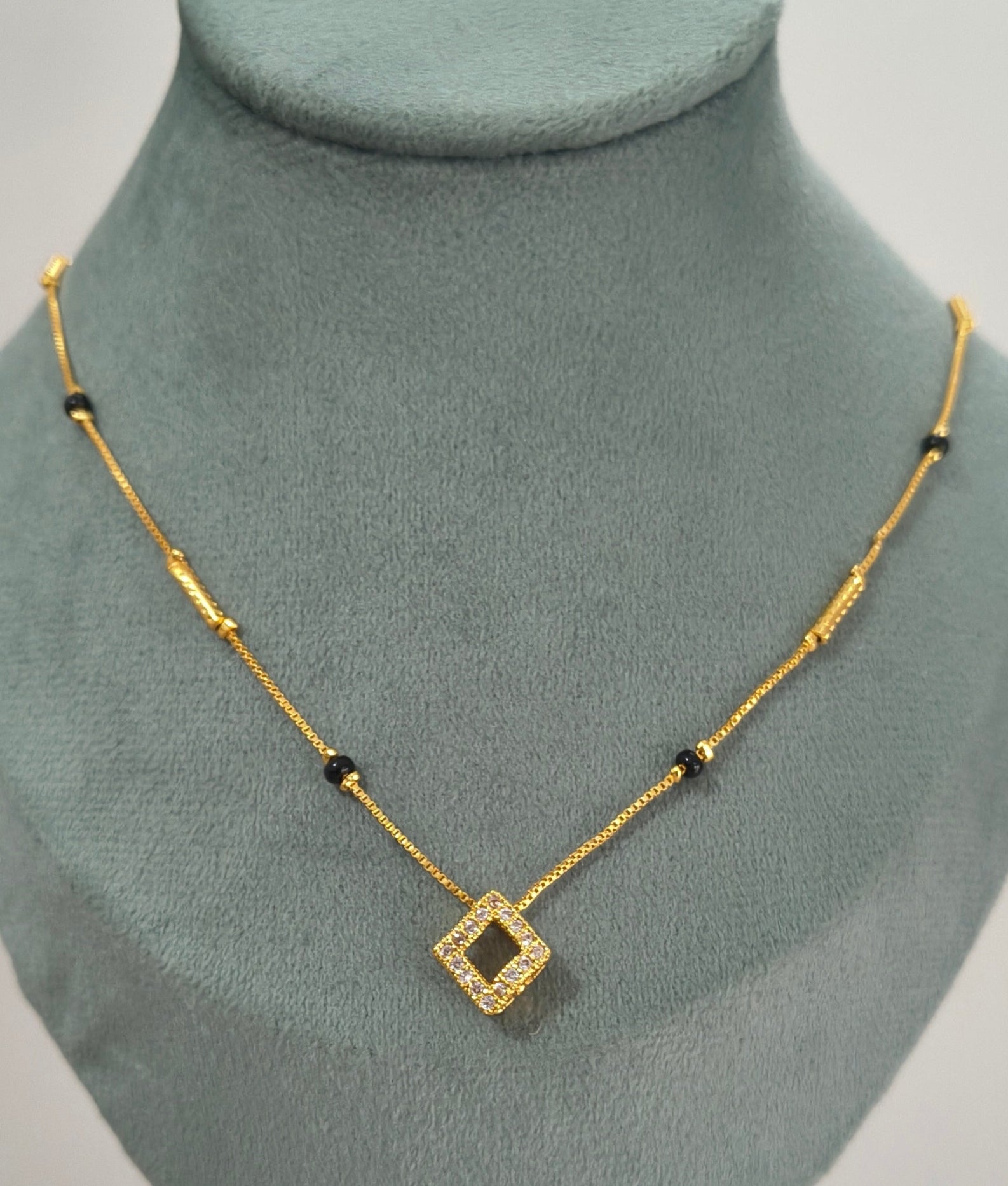 Daily Wear Black Beaded Hollow Square AD Pendant Mangalsutra
