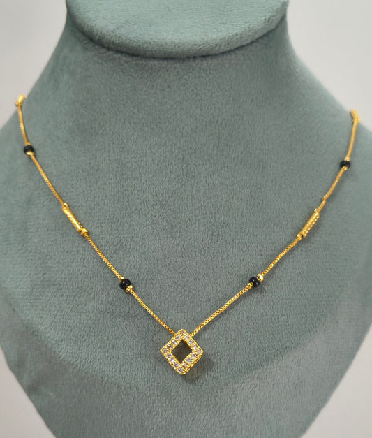 Daily Wear Black Beaded Hollow Square AD Pendant Mangalsutra