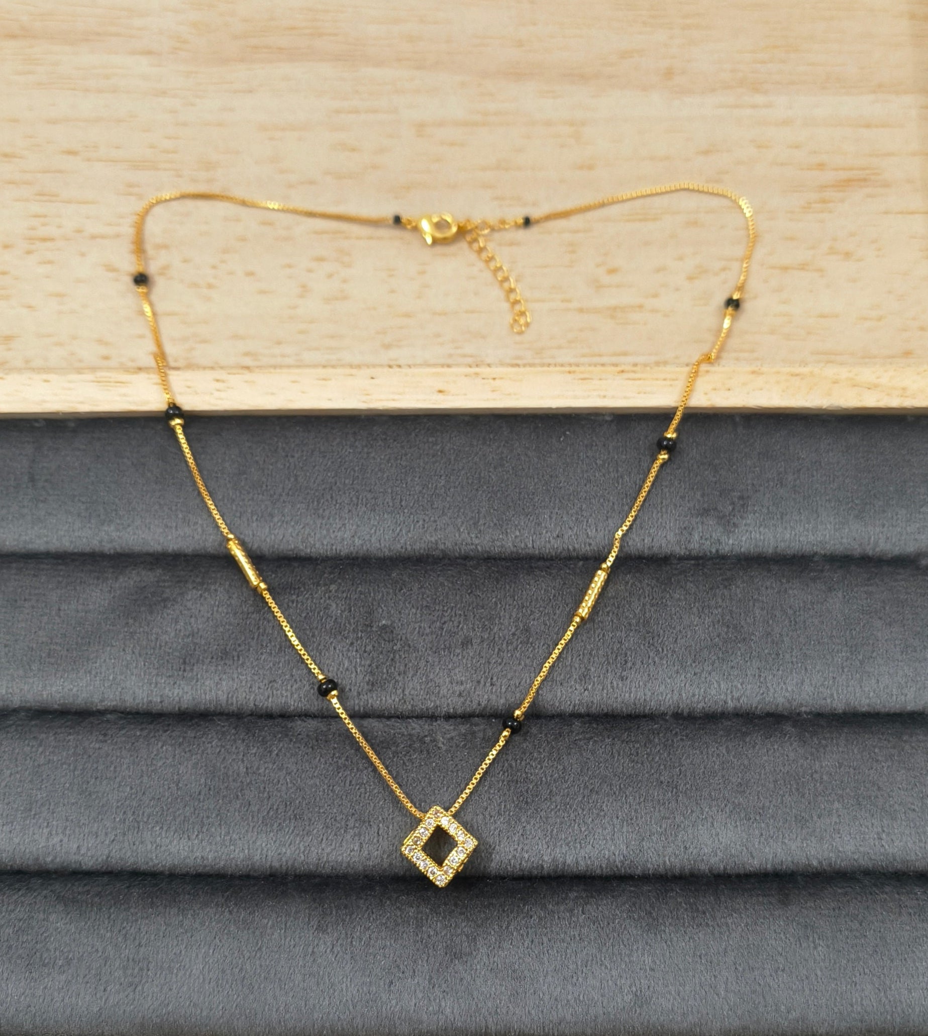 Daily Wear Black Beaded Hollow Square AD Pendant Mangalsutra