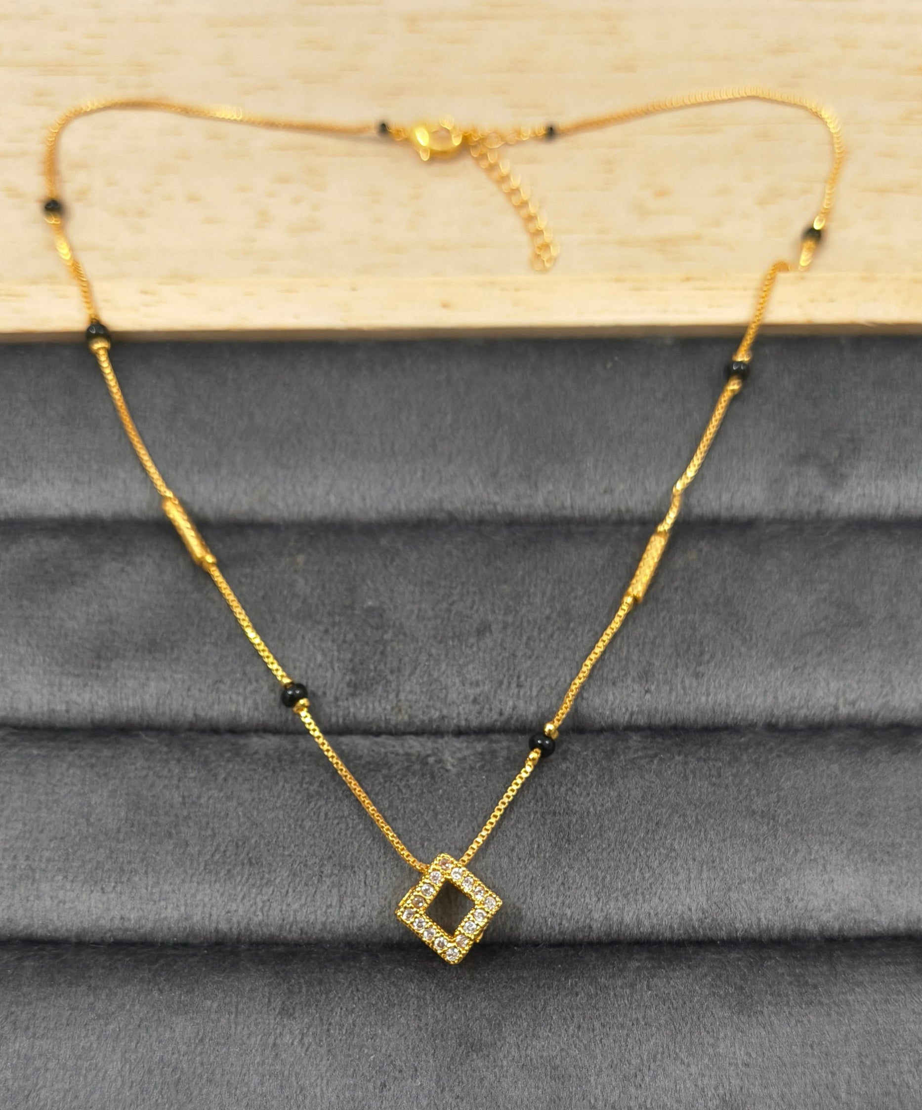 Daily Wear Black Beaded Hollow Square AD Pendant Mangalsutra