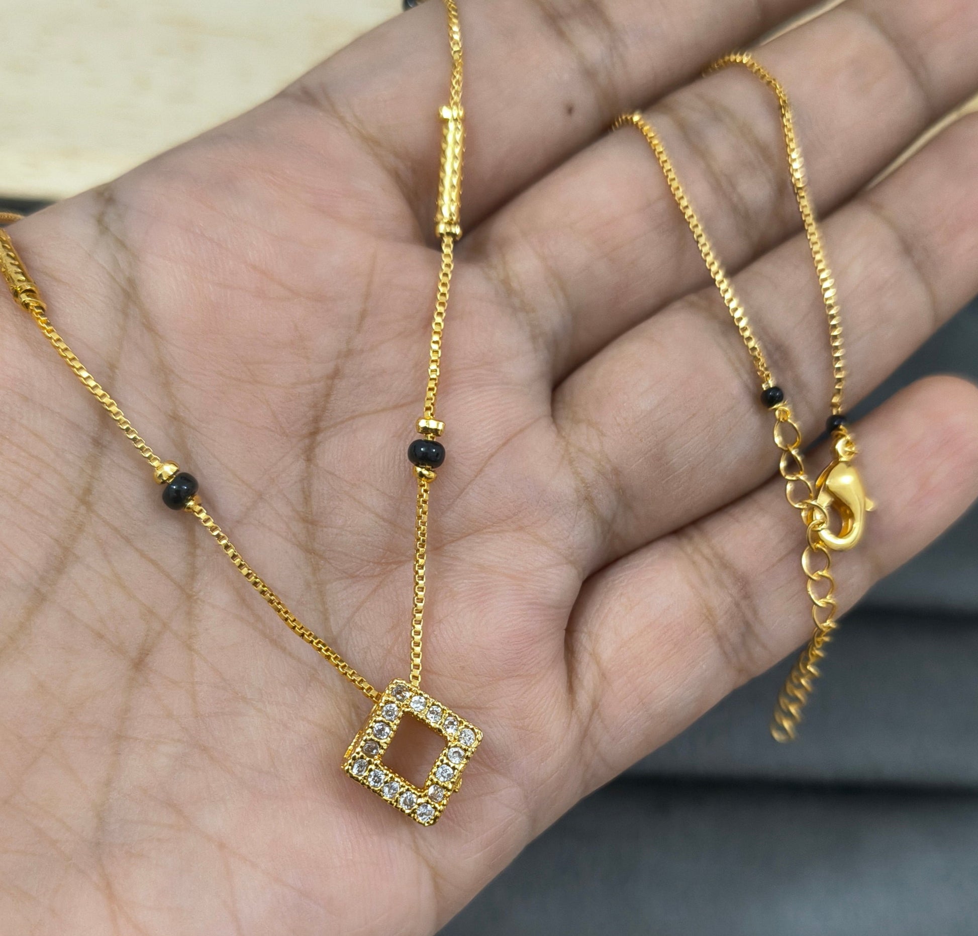 Daily Wear Black Beaded Hollow Square AD Pendant Mangalsutra