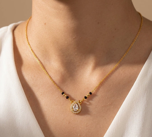 Daily Wear Black Beaded Oval Solitaire Pendant Mangalsutra
