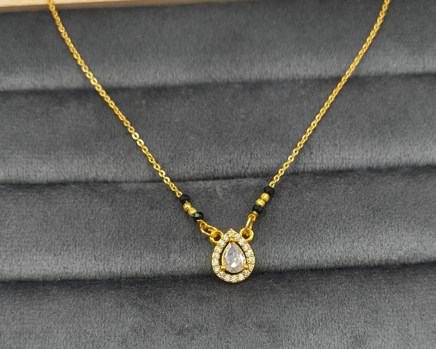 Daily Wear Black Beaded Oval Solitaire Pendant Mangalsutra